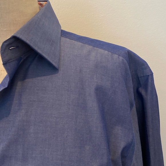 Lorenzo Uomo Mens Blue Dress Shirt w Contrasting Plaid Cuff Collar /16 32-33 - Picture 3 of 13